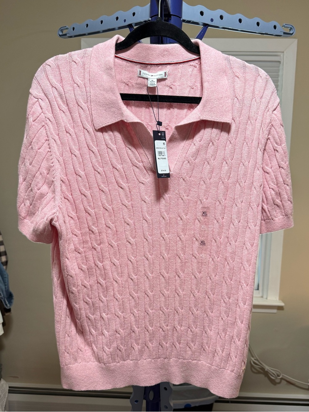 NWT Tommy Hilfiger Size XL Cotton Cable-Knit Polo Sweater - Pink